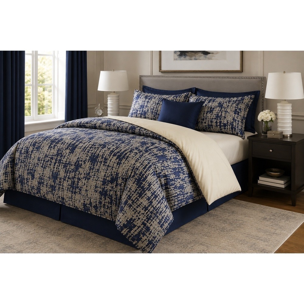 Ann Gish Art of Home‎ Scratch Queen Duvet 2 Shams & 1 Euro Navy Silver Metallic